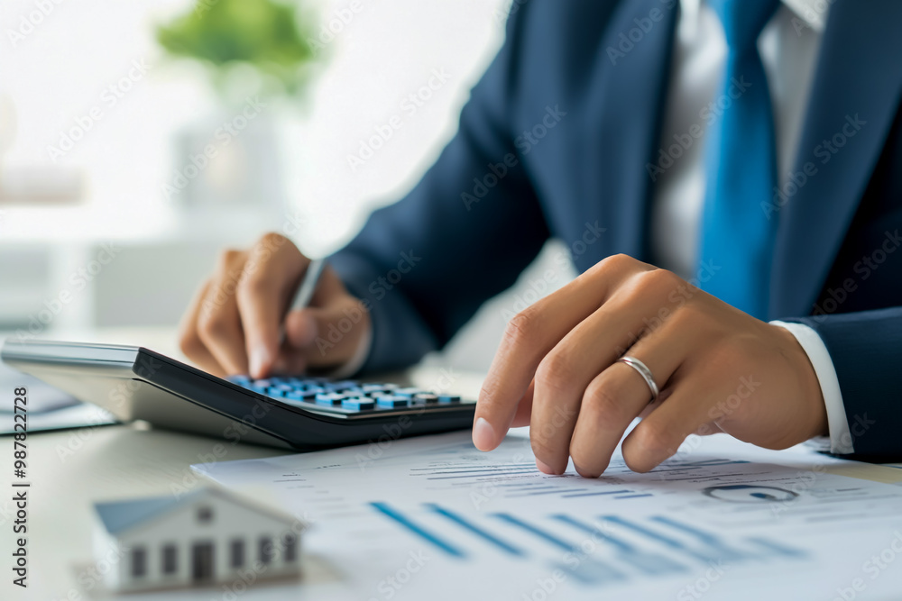 A real estate agent is working at his desk, calculator in hand and a residential architectural model on the table. A real estate agent is working at his desk, calculator in hand and a residential architectural model on the table.
