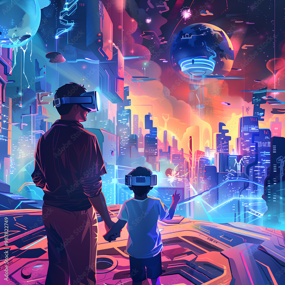 futuristic scene where the father and child are experiencing a virtual reality futuristic scene where the father and child are experiencing a virtual reality