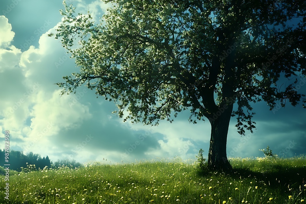 Fototapeta premium Lone tree in a field of green grass with a blue sky and white clouds in the background