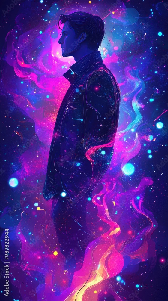 Vibrant Cosmic Silhouette of a Pensive Man against a Nebula in Space Art Digital Illustration