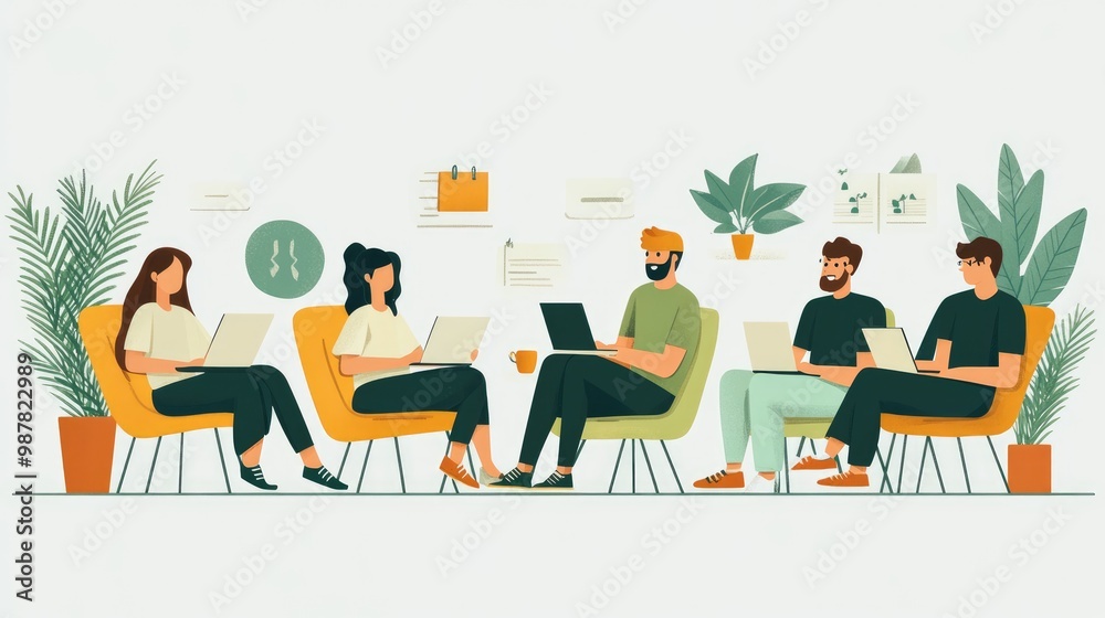 Collaborative Remote Work Meeting with Laptops in Modern Office Setting Collaborative Remote Work Meeting with Laptops in Modern Office Setting