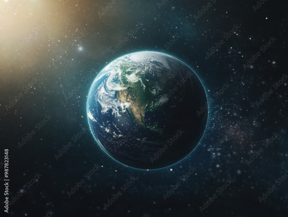 Earth from Space with Sun Flare and Stars Earth from Space with Sun Flare and Stars