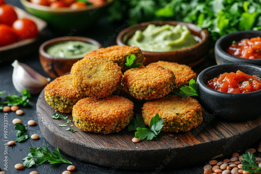 Savor the crunch of perfectly crispy lentil nuggets surrounded by fresh toppings and dips Savor the crunch of perfectly crispy lentil nuggets surrounded by fresh toppings and dips