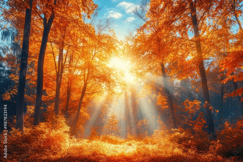 Obraz premium Sun shining through fog and colorful trees in beautiful autumn forest landscape