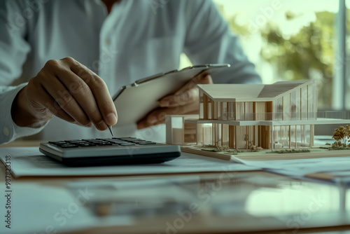 A real estate agent is working at his desk, calculator in hand and a residential architectural model on the table. photo