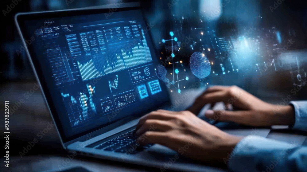 A person typing on a laptop displaying financial data and analytics. A person typing on a laptop displaying financial data and analytics.