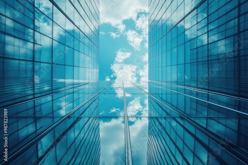 Modern glass buildings reflecting blue sky and clouds