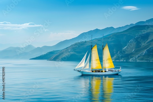 White yacht with yellow sails gently floating in calm blue sea, surrounded by distant mountains under a clear blue sky. The boat is positioned 5 meters away from the view, captured in high definition. photo