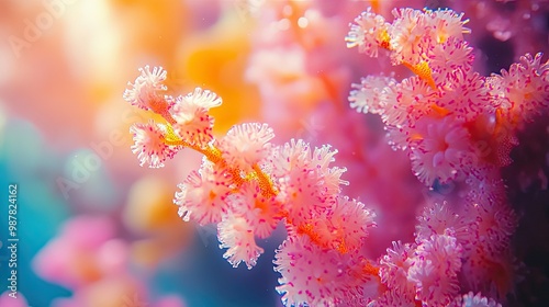 A close-up shot of vibrant pink coral with soft, delicate textures under clear blue water, bathed in sunlight.