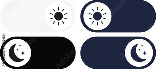 Day and night toggle switch icons set. Collection of on off. Sun and Moon icons for dark light mood. Dark mode and light mode switch button for website and mobile app. day night modes switch isolated.