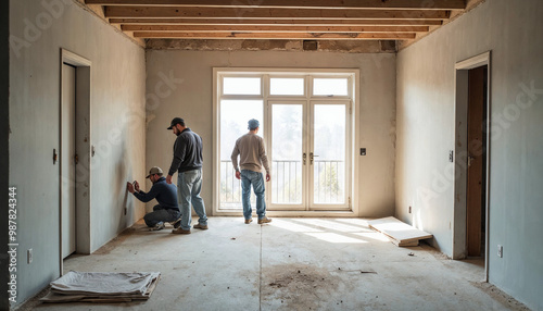 Construction site view with workers installing plasterboard, showcasing progress in apartment renovation.