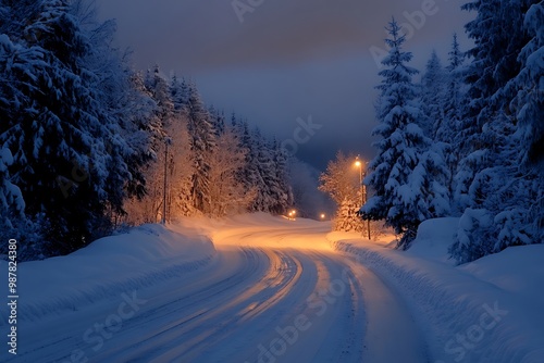 Snowy Forest Road at Night with Streetlight