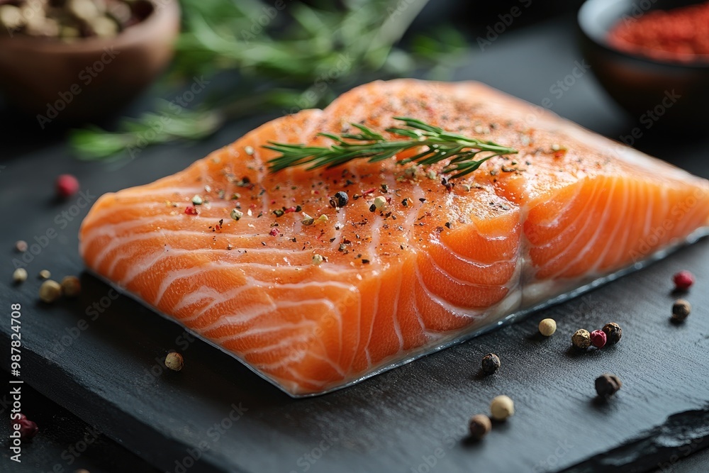 Delicious grilled salmon fillet seasoned with herbs and spices laying on a black slate plate Delicious grilled salmon fillet seasoned with herbs and spices laying on a black slate plate