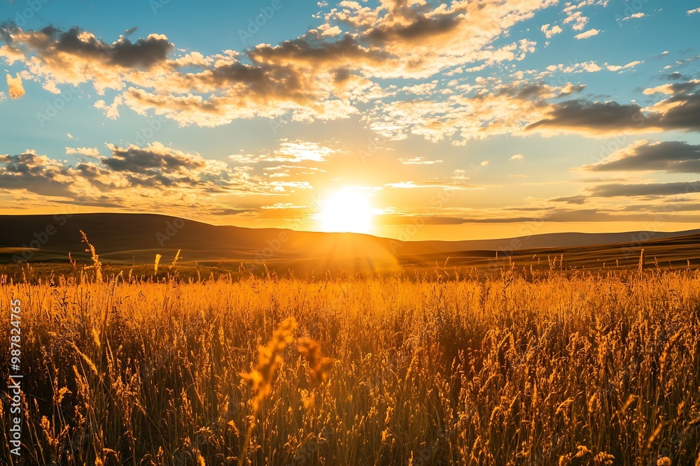 Fototapeta premium Golden Sunset Over Field of Tall Grass