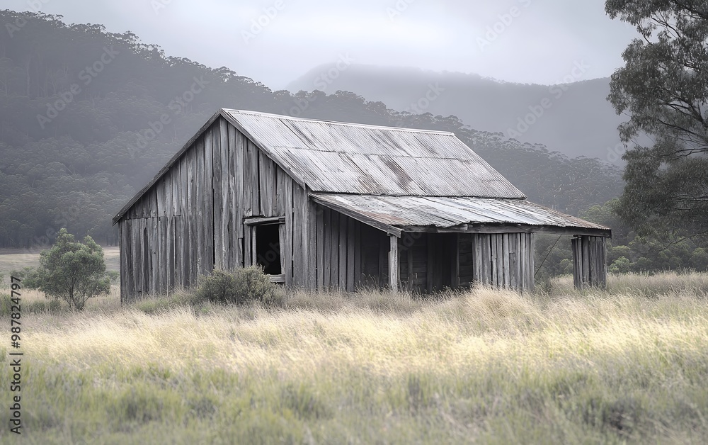 An old wooden shack stands weathered and alone in a field of tall grass. An old wooden shack stands weathered and alone in a field of tall grass.