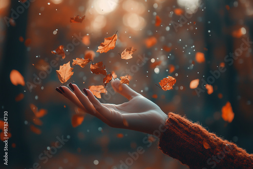 A woman's hand joyfully tossing vibrant autumn leaves in the crisp forest air during fall photo