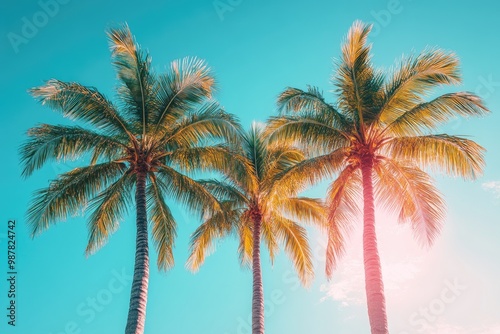 Three palm trees are standing under the tropical sun with clear sky background