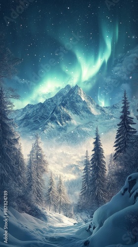 Tranquil Snowy Mountains: Enchanting Christmas Night Illustration