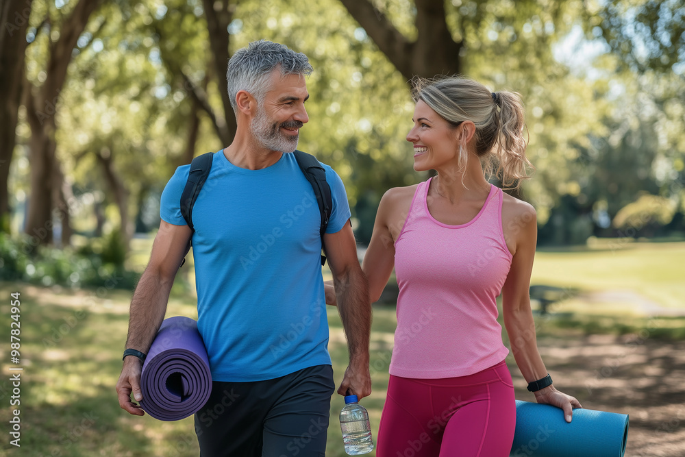 A middle-aged couple enjoying a sunny stroll in the park while carrying yoga mats A middle-aged couple enjoying a sunny stroll in the park while carrying yoga mats