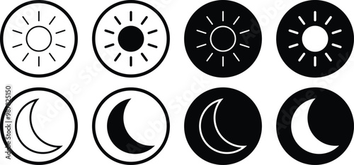 Day and night toggle switch icons set. Collection of on off. Sun and Moon icons for dark light mood. Dark mode and light mode switch button for website and mobile app. day night modes switch isolated.