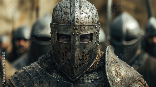 Medieval knight wearing helmet standing in front of troops photo