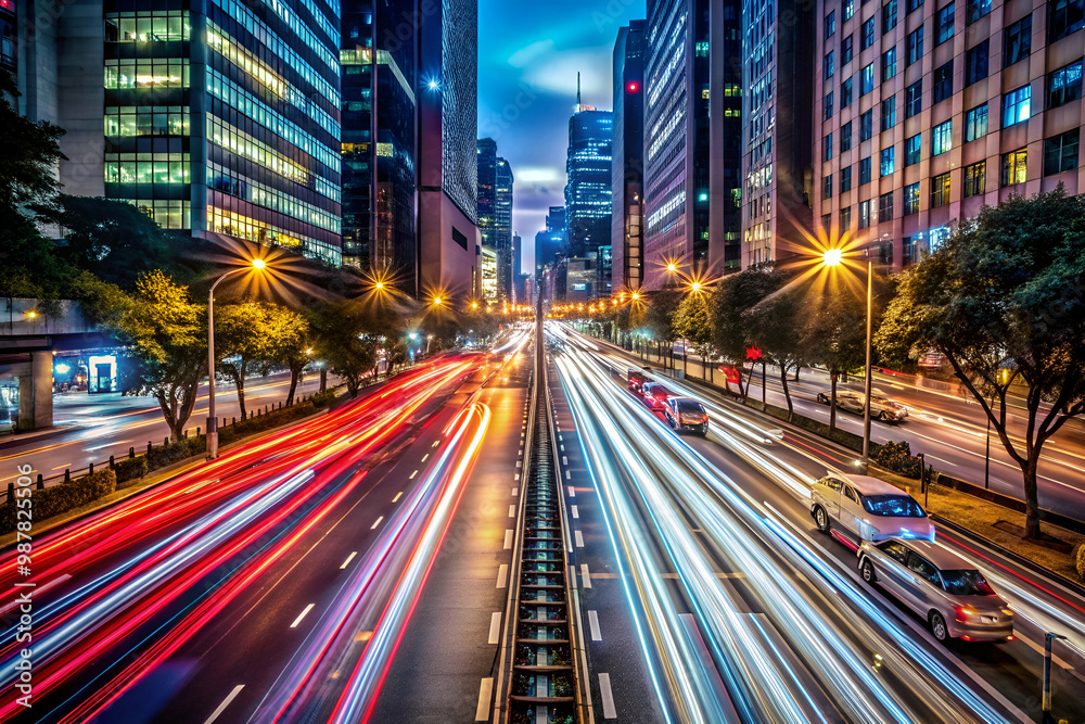 A busy city street with cars and lights. The lights are bright and the cars are moving quickly. Scene is energetic and bustling A busy city street with cars and lights. The lights are bright and the cars are moving quickly. Scene is energetic and bustling