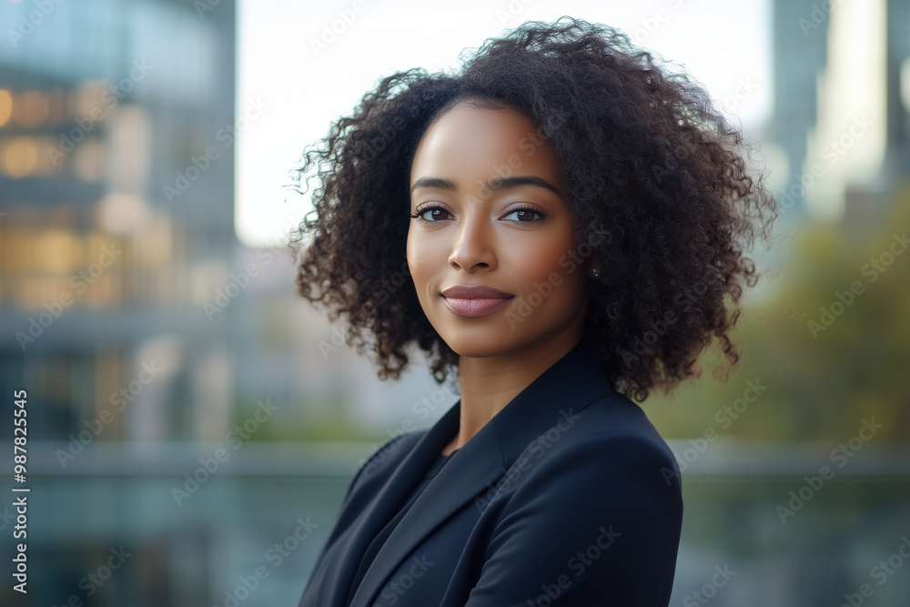 A confident Black business woman standing in an urban setting on a sunny afternoon