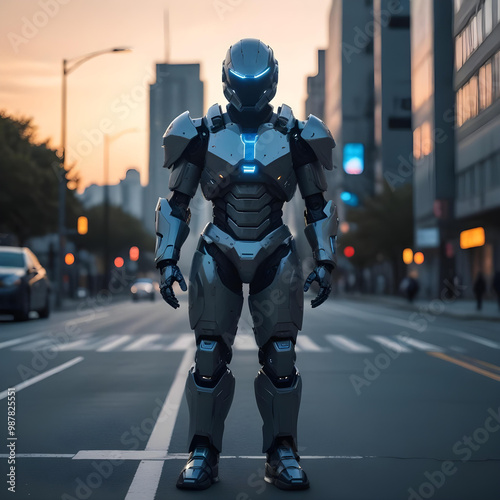 A tall, muscular male cyborg or android wearing a blue and black futuristic suit of armor standing in the middle of a city street at sunset