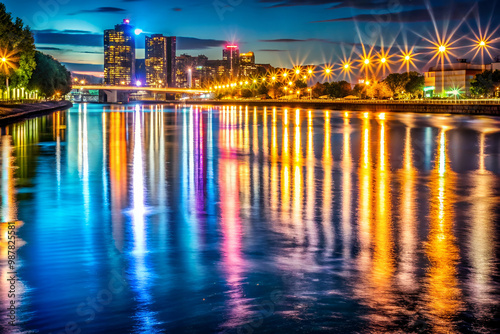 A city skyline is reflected in the water of a river. The lights of the city are visible in the water, creating a beautiful and serene scene