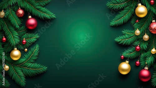 A festive green background adorned with Christmas ornaments and pine branches.