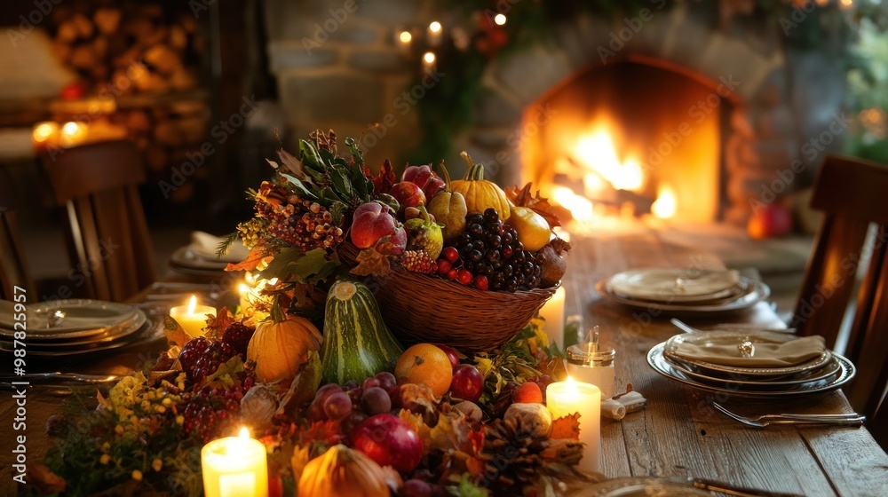 Obraz premium A cozy dining setting with a harvest-themed centerpiece and a warm fireplace ambiance.