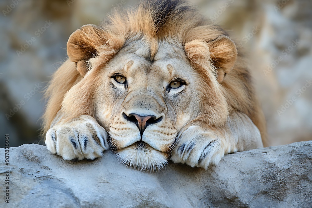 Close up portrait of majestic lion resting on rock. King of the jungle looking directly at camera, showing strength, power, and dominance. Close up portrait of majestic lion resting on rock. King of the jungle looking directly at camera, showing strength, power, and dominance.