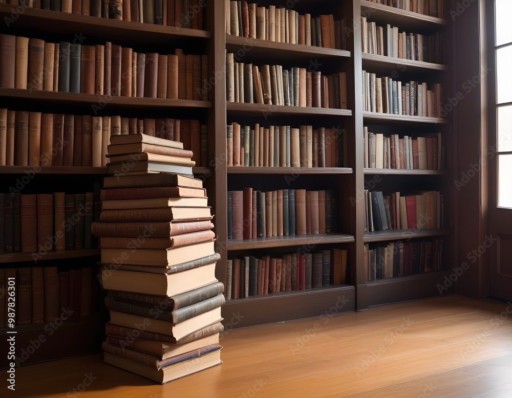 A stack of old books in front of a large bookshelf filled with more books in a dimly lit library A stack of old books in front of a large bookshelf filled with more books in a dimly lit library
