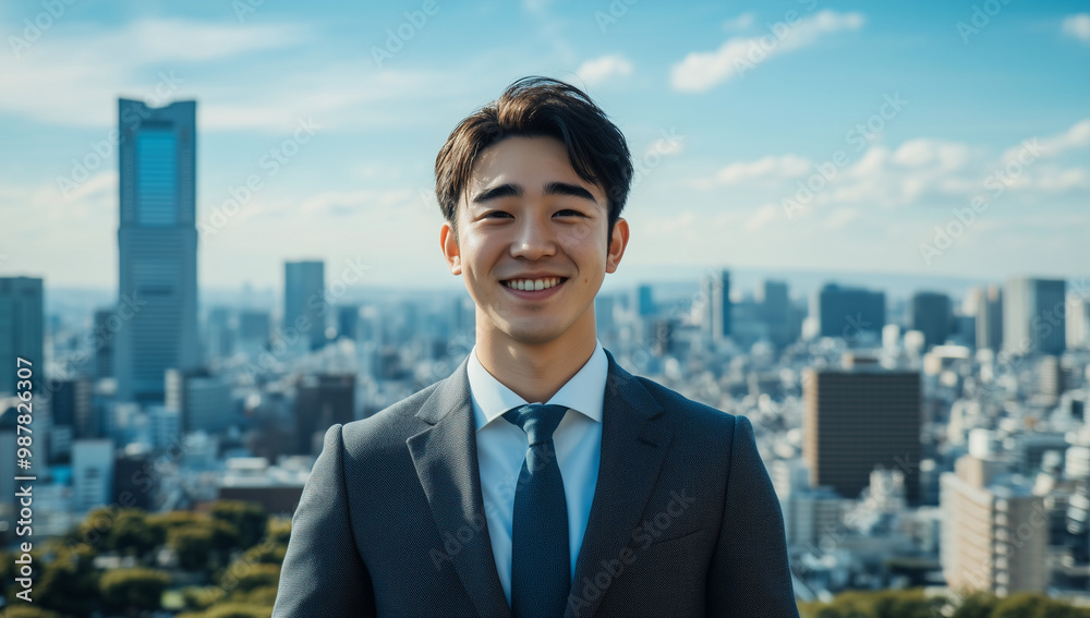 Young male office worker in a smart suit enjoying a sunny day with a city skyline backdrop Young male office worker in a smart suit enjoying a sunny day with a city skyline backdrop