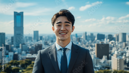 Young male office worker in a smart suit enjoying a sunny day with a city skyline backdrop