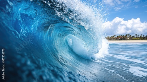 Powerful ocean wave curling and breaking in turquoise water