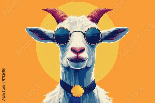 GOAT greatest of all time concept. A cool goat wearing sunglasses with a bright orange background.