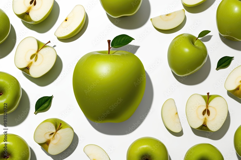 Green Apple Cut-Outs from Various Perspectives on a White Background