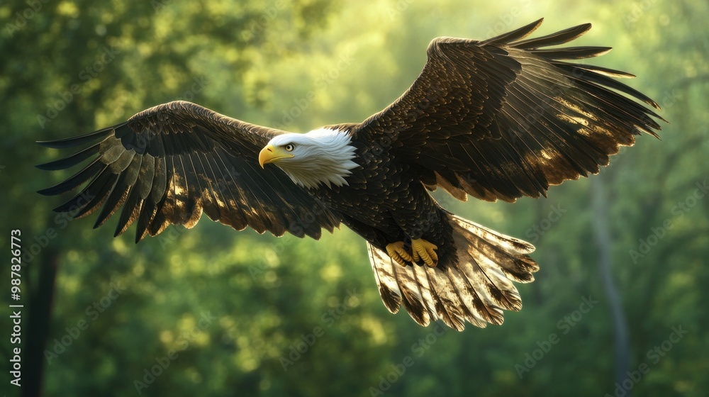 Fototapeta premium A majestic eagle soaring through a sunlit forest backdrop, showcasing its wingspan.