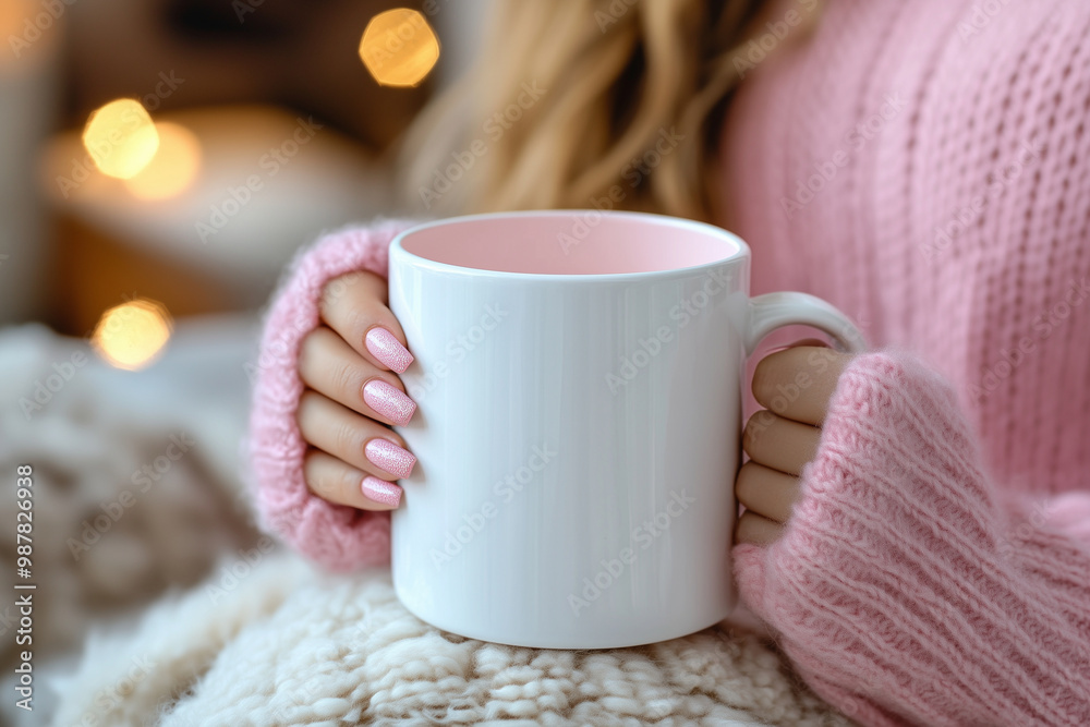 Cozy morning ambiance with a glossy white coffee mug embraced by soft hands Cozy morning ambiance with a glossy white coffee mug embraced by soft hands