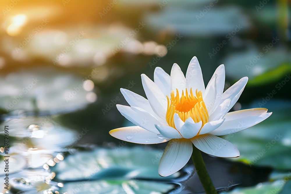 White Water Lily Blossom in Sunlight, Water Surface White Water Lily Blossom in Sunlight, Water Surface