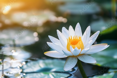 White Water Lily Blossom in Sunlight, Water Surface