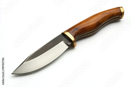 A beautifully crafted spear point knife with a wooden handle resting elegantly on a white background