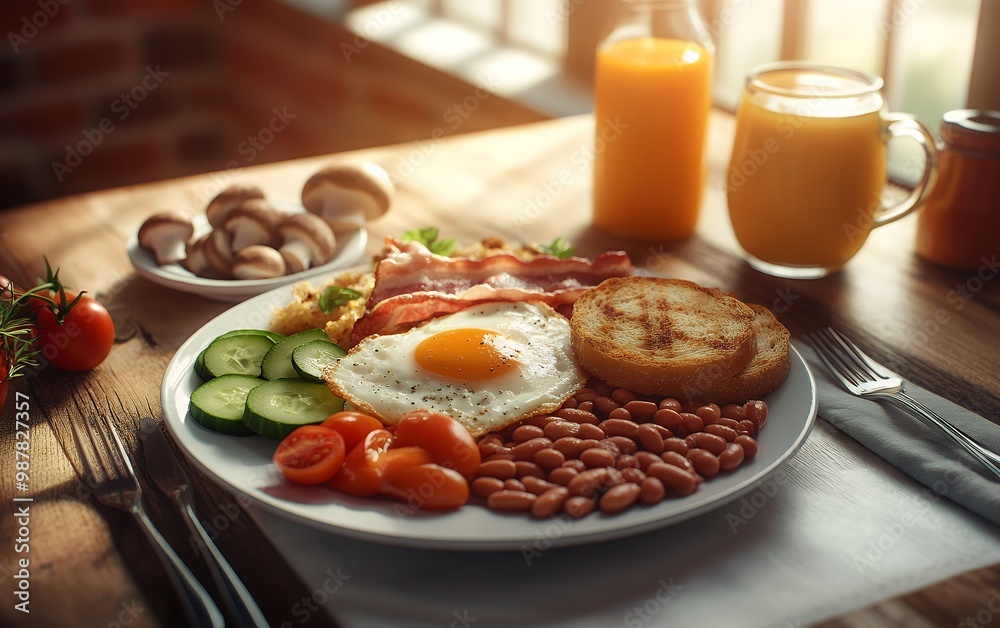 A hearty breakfast of fried egg, bacon, beans, and toast, perfect for starting the day. A hearty breakfast of fried egg, bacon, beans, and toast, perfect for starting the day.