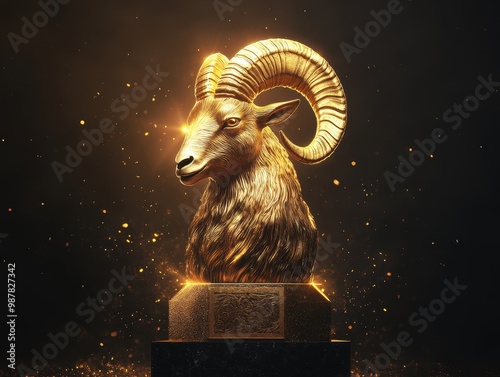 GOAT greatest of all time concept. Golden goat statue with sparkles, dark background, emphasizing strength and elegance. photo