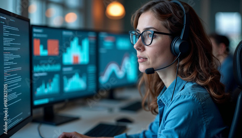 Focused female IT technician in a modern office, assisting with technology and data inquiries.