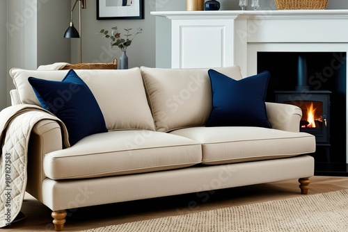 Cozy Scandinavian Living Room Decor Featuring Beige Loveseat Navy Cushions and Soft Quilts by the Fireplace