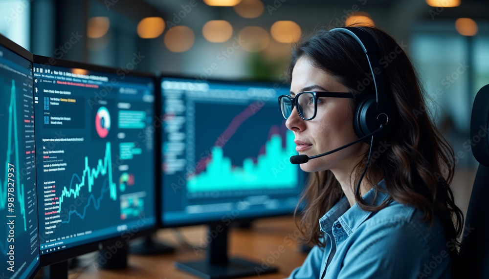 Focused female IT technician in a modern office, assisting with technology and data inquiries.






