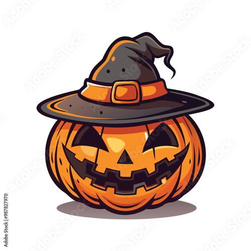 Halloween scary pumpkin with witch hat illustration