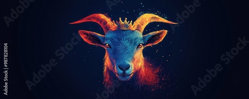 GOAT greatest of all time concept. Vibrant goat head with crown on head and colorful splashes on a dark background, symbolizing strength and nature.